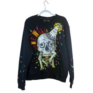 CREATE 2MRW Skull Wild Party Graphic Black Long Sleeve Sweatshirt Mens XL